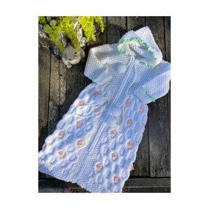 Vintage Hand Knit Sleep Sack Bunting Suit White Peach Floral Green Trim Hooded P